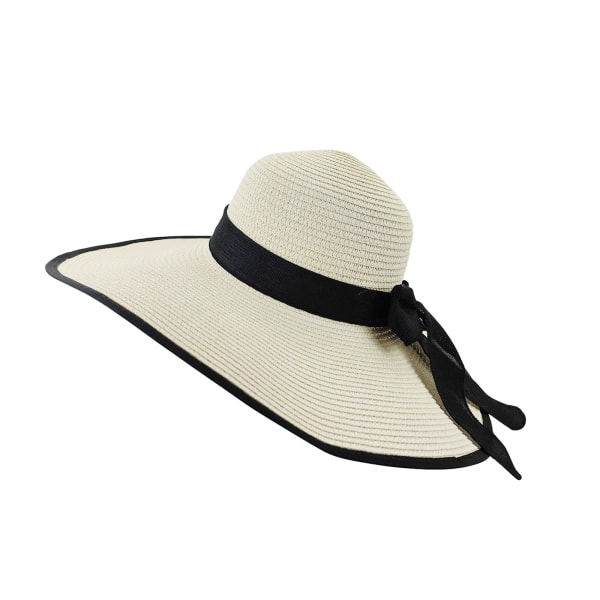 Bred stråhatt for kvinner, stor floppy strandhette sammenleggbar solhatt med stropp for sommer UV-beskyttelse