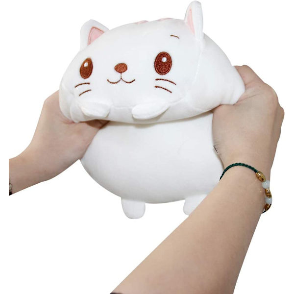 8 tommers søt hvit katt plysj utstoppet dyr sylindrisk kropp pute, supermyk tegneserie klemmeleke gaver for sengetøy, barn sover Kawaii pute