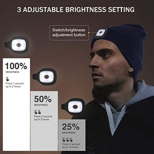 Genopladelig LED-lysende hue, perfekte gaver til far i julen, strømpefyldningshue med lys, håndfri pandelampe, unisex vintervarm strikket hue
