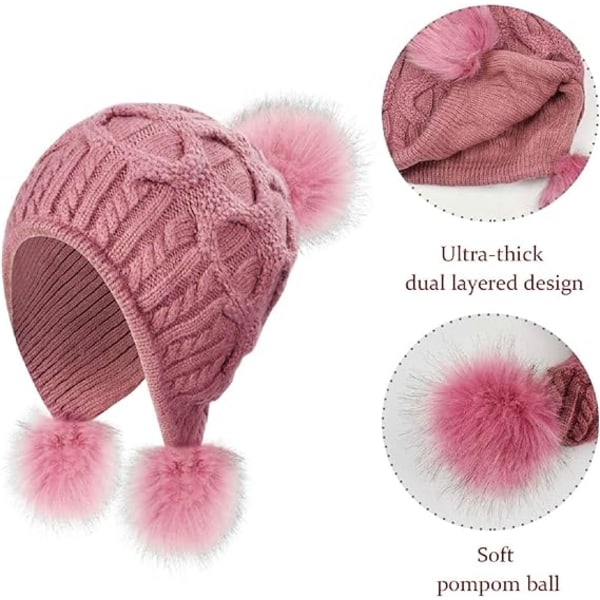 Strikket hue til kvinder, varm vinterhue med Pom Pom Bobble Hat Style med vindtætte øreklapper (lyse lilla)