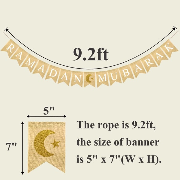 Ramadan Mubarak Burlap Banner med Glitter Måne og Stjerne Skilt Ramadan Mubarak Bunting Banner