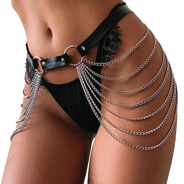 Punk Body Chain Svarta Layered Chain Multi-Layer Midje Chain Nattklubb Body Accessoarer Smycken för kvinnor och flickor