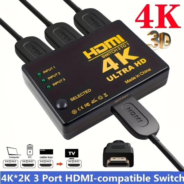 4K 2K 3x1 HDTV Kabeldelare HD 1080P Video Switcher Adapter