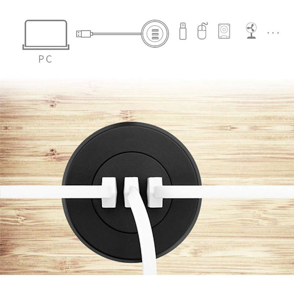 3-porttinen USB-pöytälaturi Pöytälaturiasema asennetaan 2,0 tuuman / 50 mm:n läpireikään sovittimella ja 1,5 m:n virtajohdolla musta black