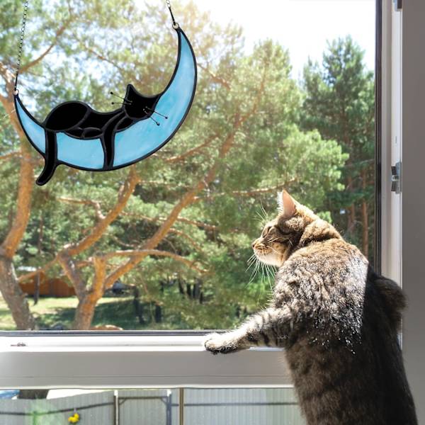 Målat glas katt på månen gåvor, sovande katt solfångare dekoration, handgjorda svart katt målat glas fönsterhängande, kattgåvor för kattälskare Black