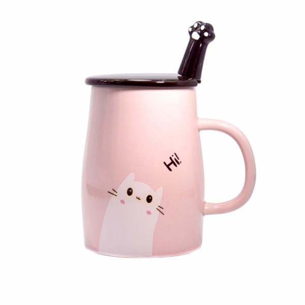 Søt kattekrus keramisk kaffekrus med katteskje i rustfritt stål, Hi~ Novelty kaffekrus Gave til katteelskere Rosa (rosa poter farge tilfeldig)
