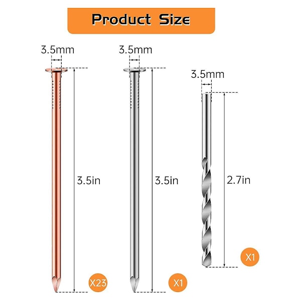 25 stk. Kobberspiker for fjerning av stubber, 8,9 cm rene kobberspiker i bulk, spiker for stubbefjerning