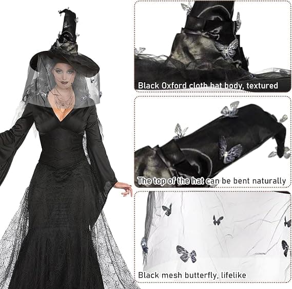 Heksehat med slør, sort foldet skygge, Halloween kostume tilbehør til voksne kvinder, festdekoration