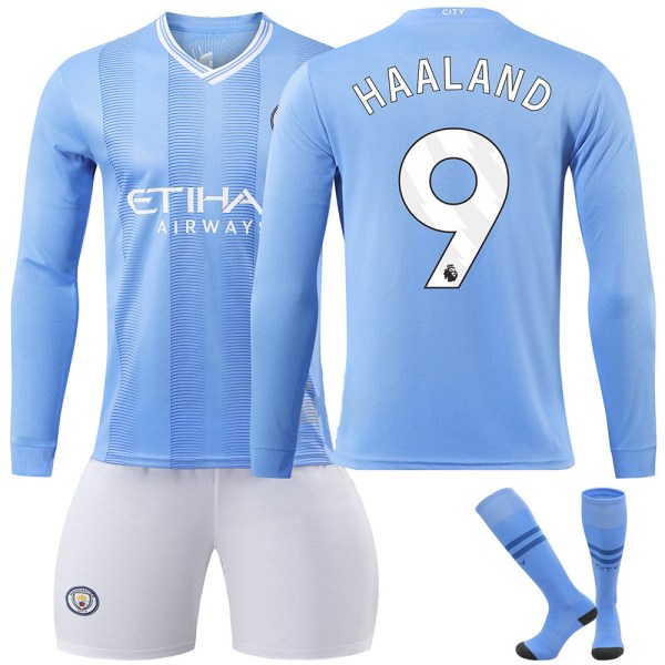 23-24 Manchester City Home Barnefotball Langermet skjorte nr. 9 Haaland 10-11 years