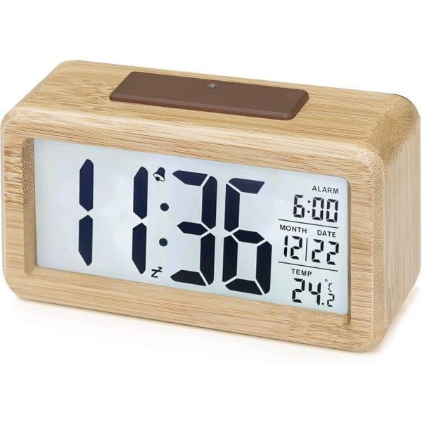 Digital väckarklocka, trä digital väckarklocka med stor temperaturdisplay, bordsklocka med snooze-funktion, datum