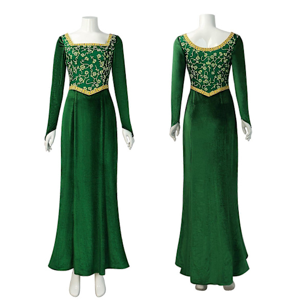 Shrek Cosplay Kostymer 2024 Prinsessan Fiona Tryckt Klänning Kvinnor Sexig Kvadratisk Hals Velvet Långärmad Klänning Halloween Karneval Kläder Grön green M