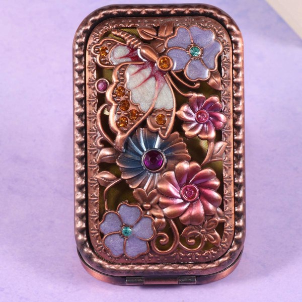 Vintage lommespeil retro sommerfuglblomst krystall bærbart sammenleggbart sminkespeil dobbeltsidig kompakt speil
