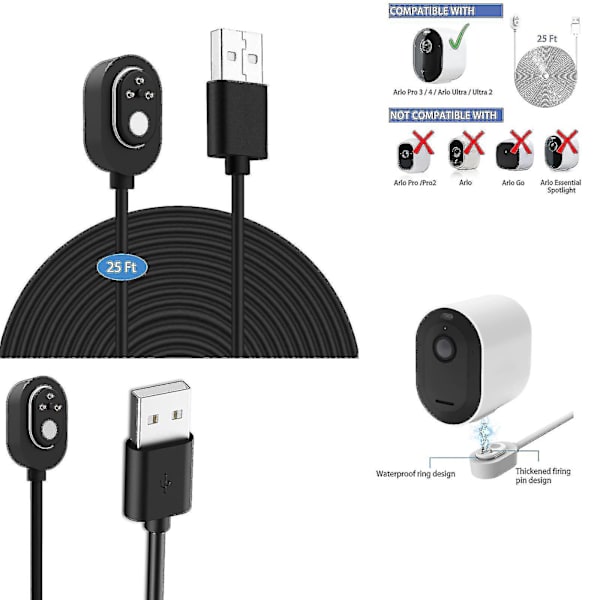 Väderbeständig utomhusladdningskabel 25ft/7.6m för Arlo Ultra/ultra 2/pro 3/pro 4/go 2/pro 5s (svart)