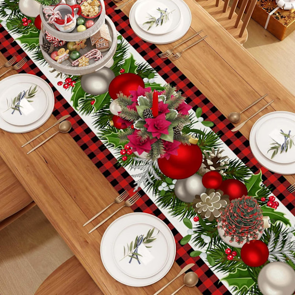Linne Röd och Svart Buffelrutig Julbordstablett 72 Tum Lång Säsongsbetonad Vinter Jul Jul Julhelg Farmhouse Stil Borddekoration