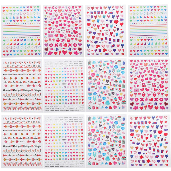 12 ark 3d-klistermärken Manikyrdekoration Färgade klistermärken Nageldekoration Nail art Röda hjärtan Nageldekoration (10,3X8X0,1CM, olika färger)