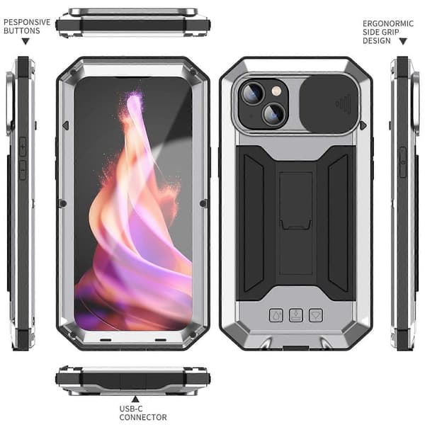 Skyvbart Kamera IP54 Liv Vanntett Holder Mobilskall Sølv Silv Silver For iPhone 15