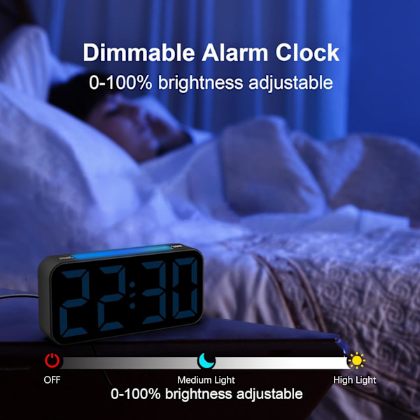 Superhög väckarklocka för tunga sovare, digital klocka med 7-färgs nattlampa, justerbar volym, dimmer, USB-laddare, små klockor för sovrum