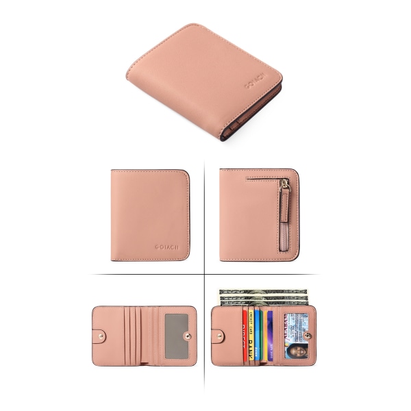 Small Compact Bifold lyxig äkta läderficka Plånbok Dam Mini-väska med ID-fönster (rosa)