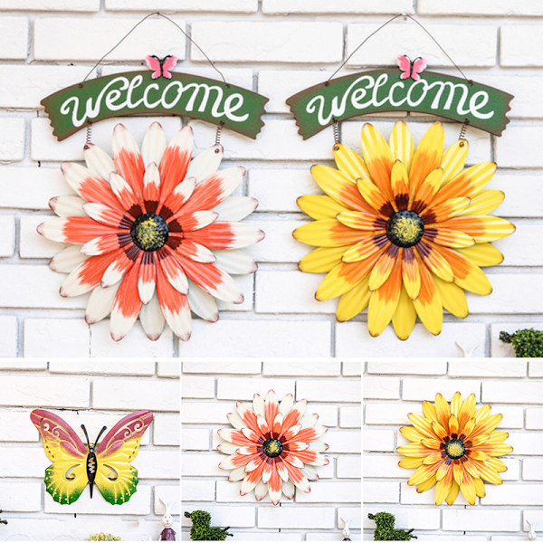 Velkomstskilt Ornament Simulation Metal Solsikke Sommerfugl Vægkunst Hængende Gårdhegn Dekoration til Hjem Udendørs White Welcome Plate