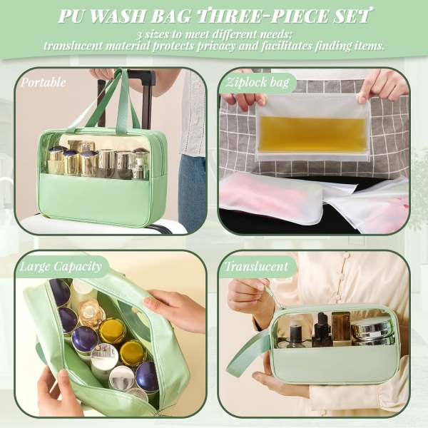 3 st PVC kosmetiska väskor med handtag set, bärbar transparent rese-toalettpåse Vattentät Green
