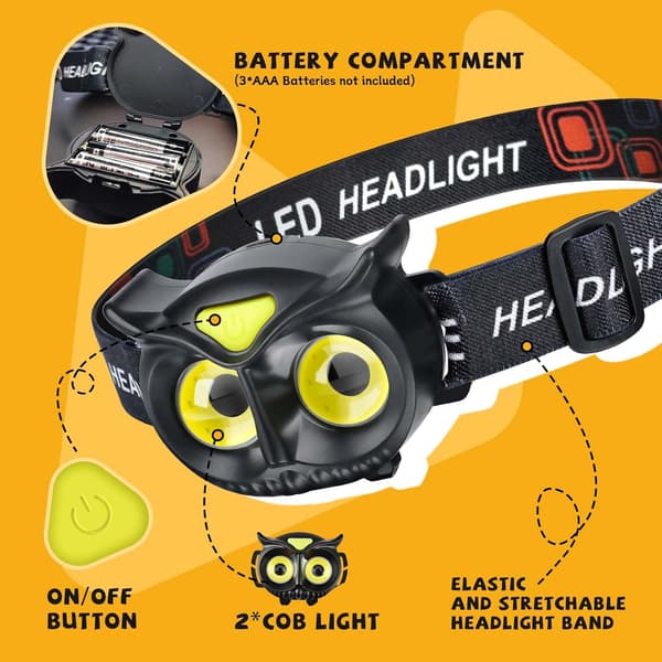 LED-hodelykt for barn, COB-hodelykt for barn, gutter, jenter eller voksne, lommelykt, hodelykt, batteridrevet, lett hodelykt