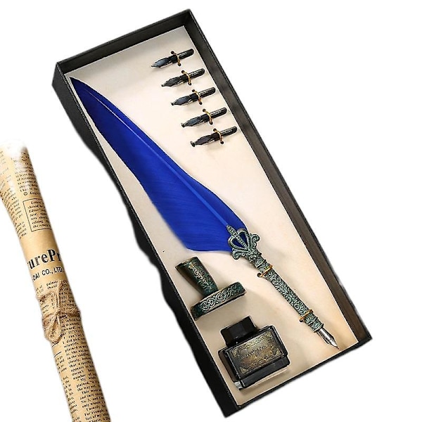 Europeisk Vintage Fjäderpenna Set Presentask Harry Potter Fjäderpenna Set Gotisk Kropp Dip Bläckpenna BLUE