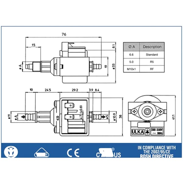 Italiensk ULKA solenoidpump AC220V 16W Flöde 50 CC Modell NME4D