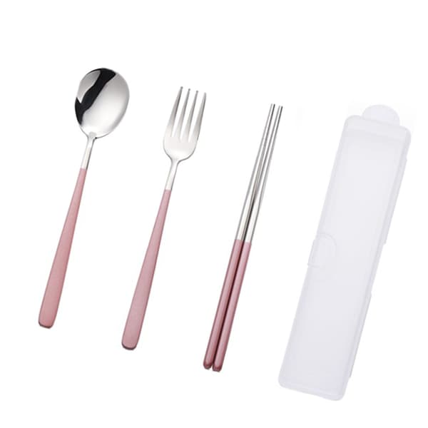 Rustfrit stål spisepinde ske gaffel sæt bærbart bestiksæt (tre-delt sæt - pink sølv)
