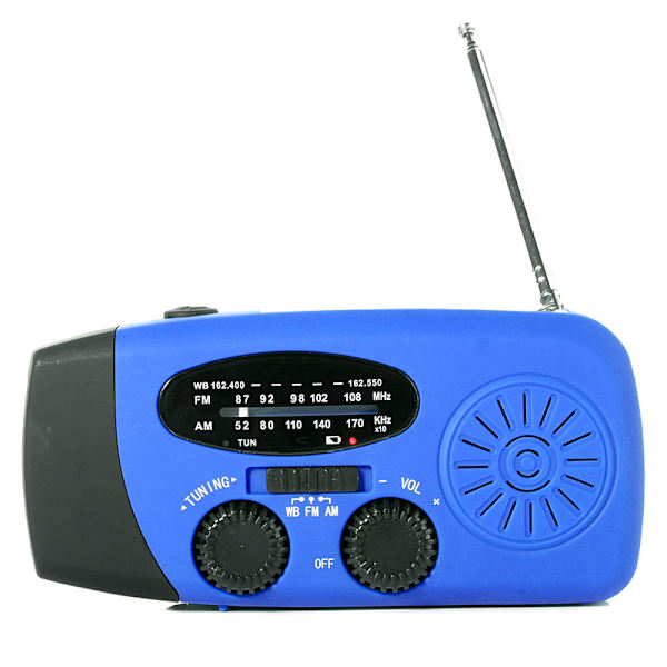 Vevradio med solcelle, lommelykt og 2000mAh Powerbank rød SOS (blå)