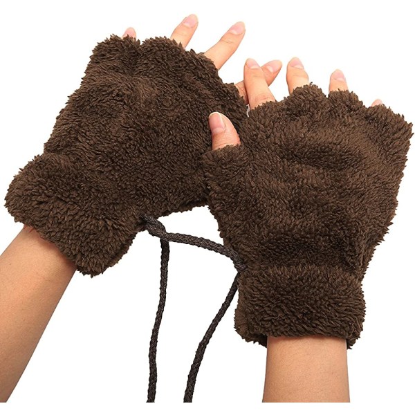 Kvinnor Bear Plysch Cat Paw Claw Glove Mjuka vinterhandskar Fingerlösa handskar (bruna)