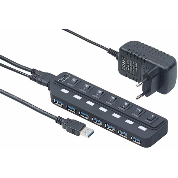 USB multi-stik: Aktiv USB 3.0 hub med 7 porte, individuelt omskiftelig, 2 A strømforsyning (USB-switch)