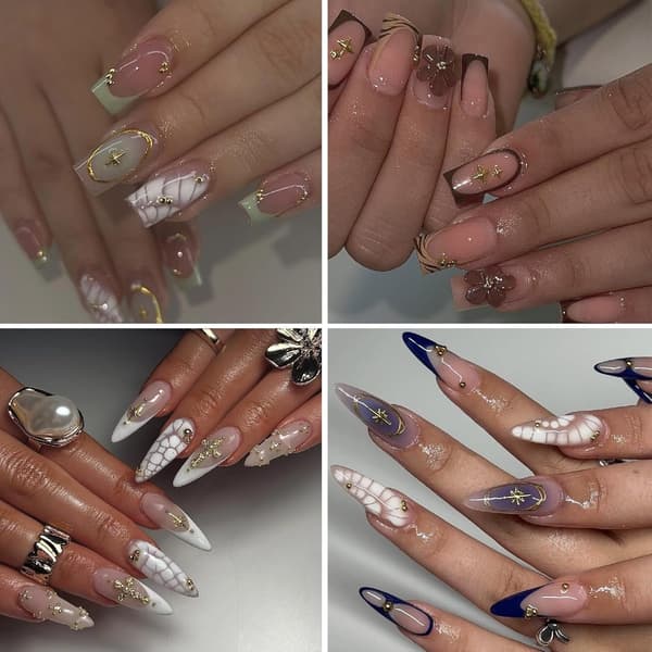3D Stjärn- och Kaviar Pärlor Nageldekor - Guld och Silver Multi-Form Design för Elegant Manikyr
