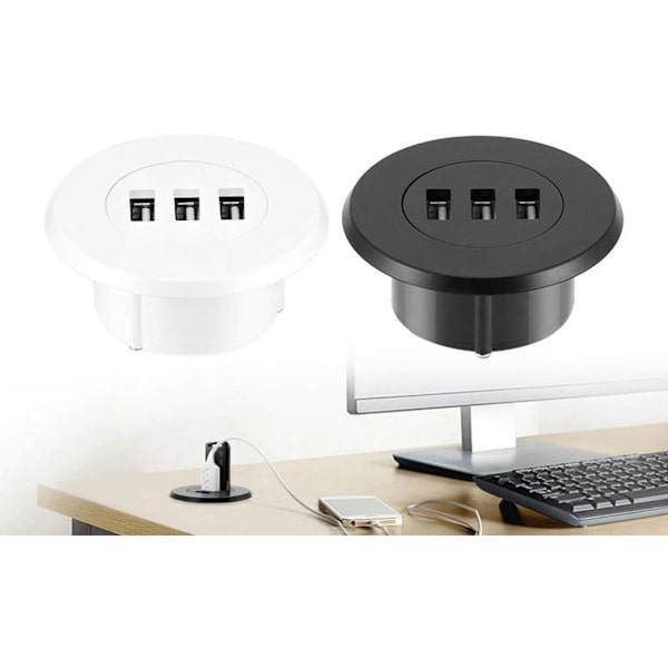 3-portars USB-bordsladdare Bordsladdningsstation monteras på 2,0\"/50 mm genomgående hål med adapter och 1,5 m ström Vit white