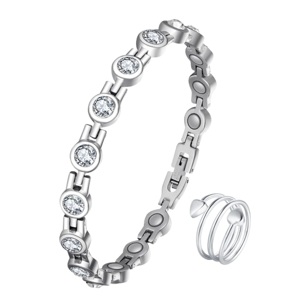 Magnetiskt armband för lymfdränering för kvinnor, magnetiskt armband i Zirconia Crystal, justerbart (vita vita diamanter)