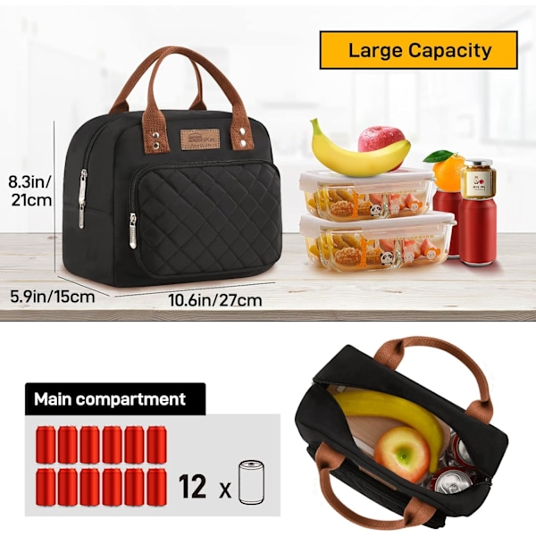 Isoleret Madpakke til Kvinder Mænd Arbejde Voksen Cool Tote Box Container (Sort)