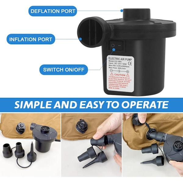 Elektrisk luftpumpe, inflator/deflator, 240V/50W inflator, med 3 dyser, kraftig pumpe til luftmadras