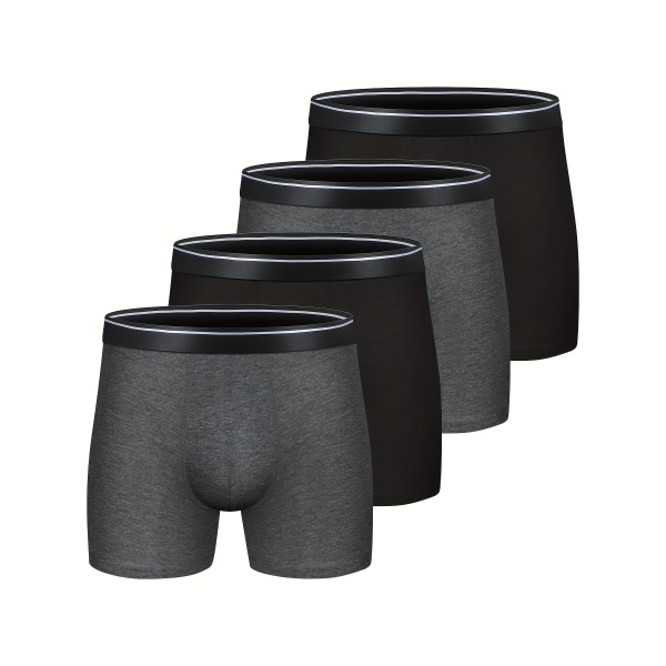 4-pakning bomull for menn, pustende, komfortabel, myk, elastisk, ensfarget bokserundertøy, 4 pakker, 2 svarte og 2 grå