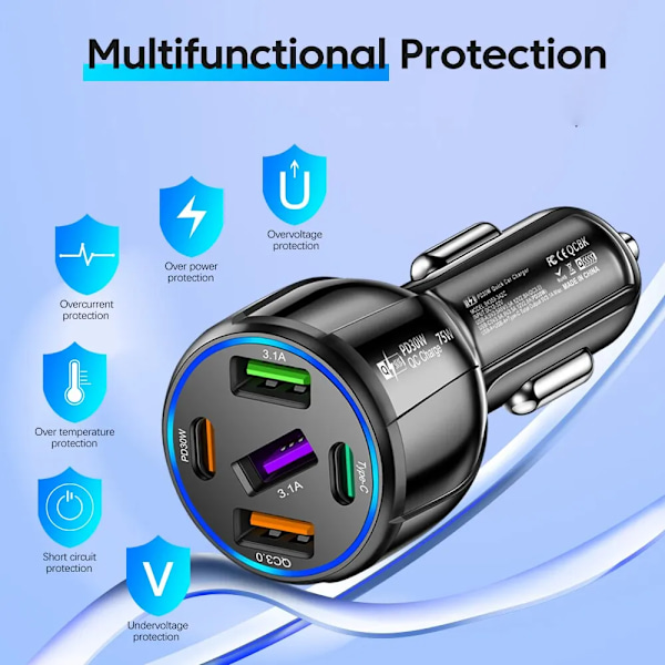 Port 75W USB Bil Lader Type C Bil Lader Hurtig Lading PD QC3.0 Telefonlader i Bil For iPhone Xiaomi Huawei Samsung black