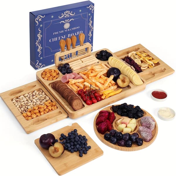 Ostbricka i bambu med kniv och gaffel, oljefat, multifunktionell skärbräda, present Beige