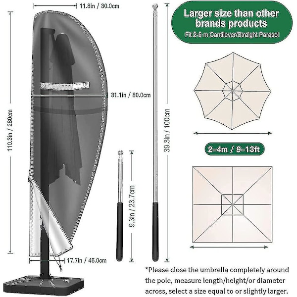 Fritstående Parasol Overtræk 280 X 30 X 80/45cm Parasol Overtræk Med Teleskopstang, 420d Oxford Stof Vand-, Vind-, UV- og Rivfast Haveparasol