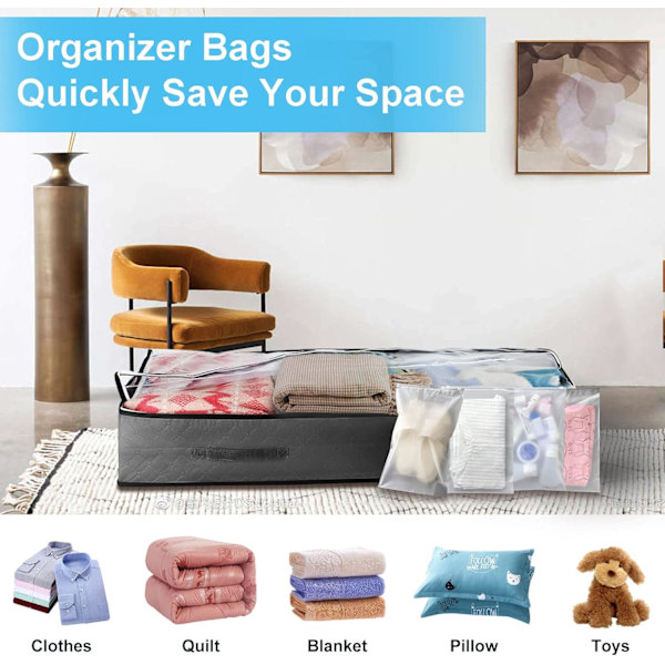 Underbed Oppbevaringspose 3-pakning 90L Stor Under Bed Oppbevaringsboks med 4 x Store Glidelåsposer
