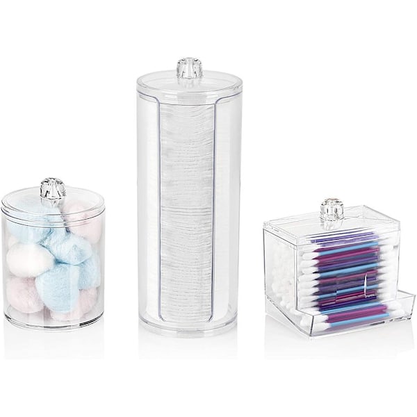 Makeup Organizer Sæt, Vatrondel Dispenserbeholder, Akryl Vatpind Opbevaringsholder Boks og Multifunktionel Cylinder, Opbevaringsboks med Låg