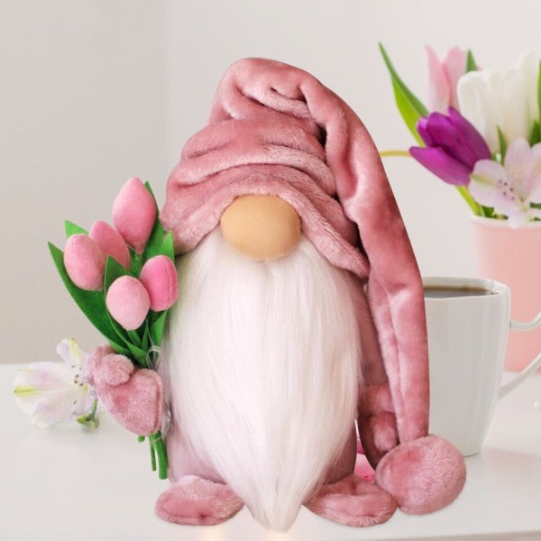 Ansiktsløs dvergdukke søt skrivebordsdekorasjon Happy Mother's Day figurer ornament holder tulipan