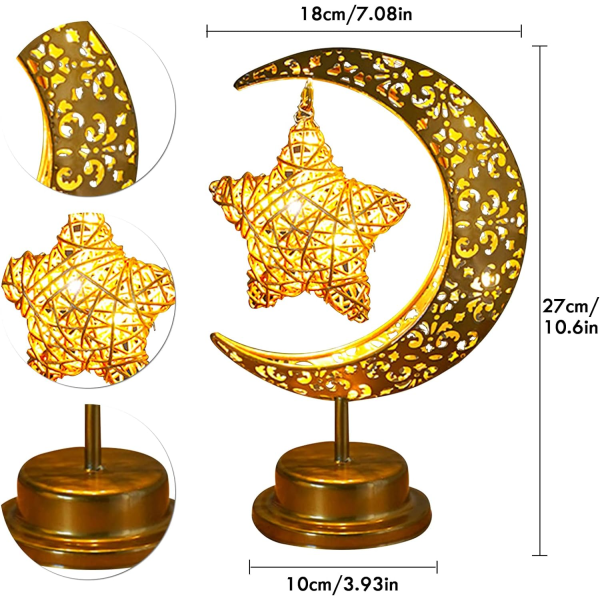 Ramadan Bordlampe Måne Stjerne Lampe Mubarak Metal Ramadan Lys Månlampe Batteridrevet rattan stars