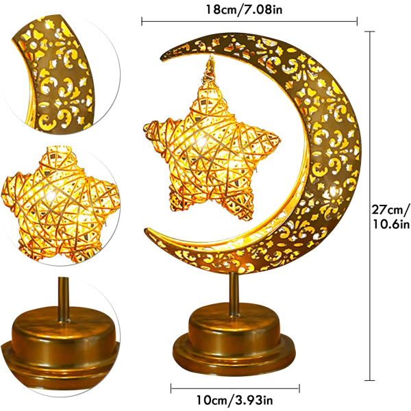 Ramadan Bordlampe Moon Star Lampe Mubarak Metal Ramadan Lights Månelampe Batteridrevet rattan stars