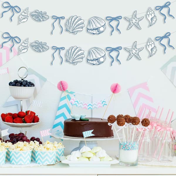 Havtema Fest Vimpelbanner 2m, Skjell Sjøstjerne Dekor med Glitterfinish for Strandbursdagsfeiring 2PCS