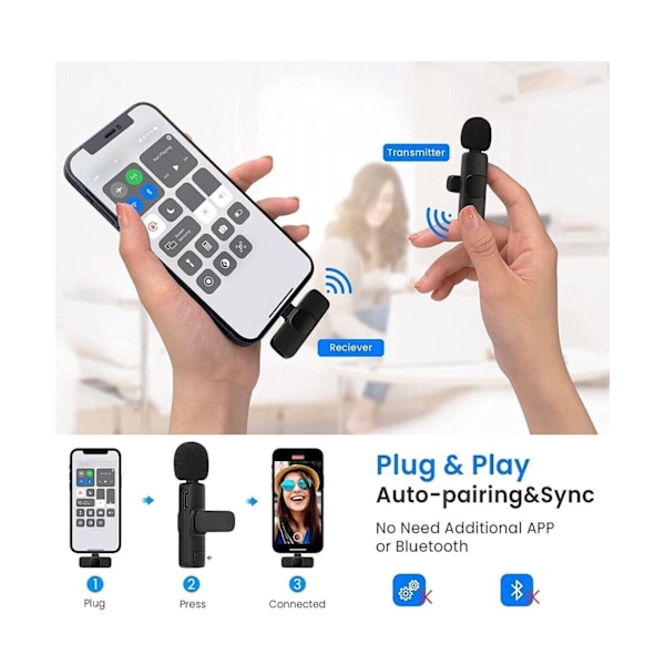 Lavalier Mini Mikrofon 2-pack Trådlös iPhone & Android För YouTube TikTok Vlog