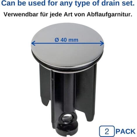 Universal sink plug Ø 40 mm, 2-pack, chrome-plated drain plug, made of brass, with rubber seal, height-adjustable plug, rust-proof bathtub plug