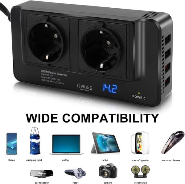 12V til 220V Bil Strømomformer Transformator 200W Sigarettennerplugg Bilinverter Adapter med 4 USB-porter 2 EU-plugger Strømomformer