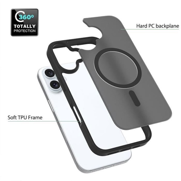 Etui + 2 herdede glass for iPhone 16 Plus, beskyttelse med magnetisk ring, anti-spor silikon og PC Svart